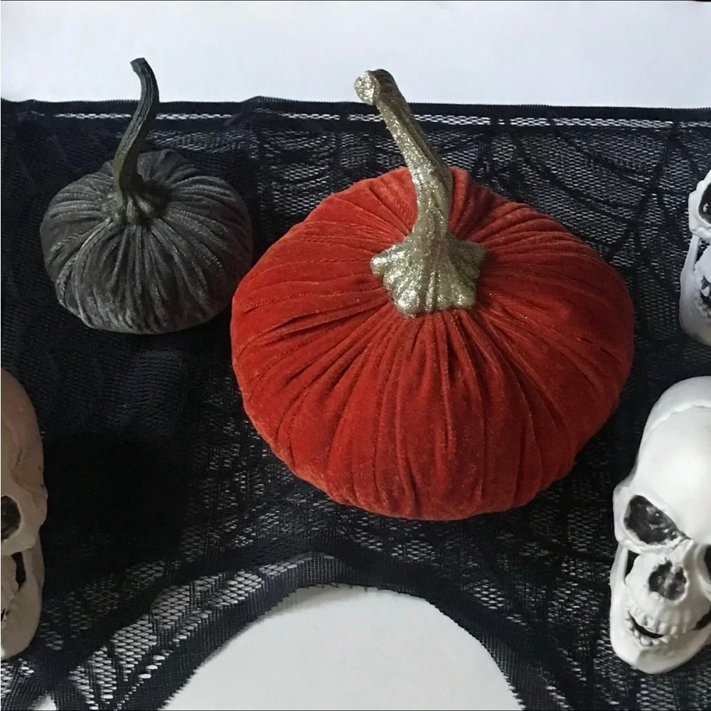 Halloween Decor Set Black Lace Spiderweb Mantle Cover/Scarf, Skulls & Pumpkins